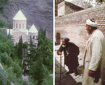 LEFT: Mamadaviti (Father David) Chapel overlooks the friendly city of Tbilisi. RIGHT: These old men in Samarkand were delighted to rneet Americans.